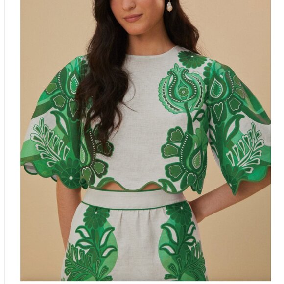 MATCHING SET | Farm Rio Green Color Festival Euroflax Blouse & Skirt Set, Size L - Picture 1 of 7